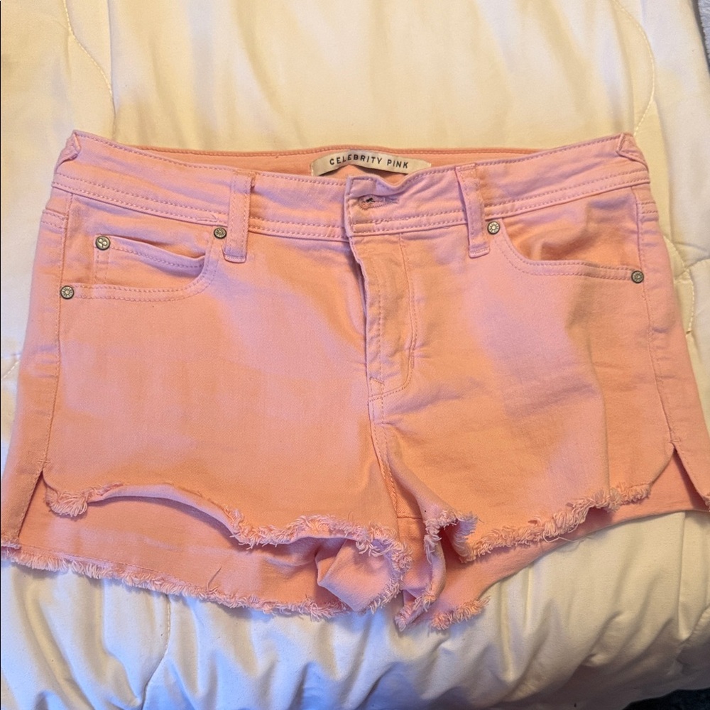Celebrity Pink Light Coral Frayed Hem Denim Shorts